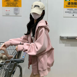 Pink Hooded Sweatshirt for Women, New 2025 Trendy and Stylish Spring and Autumn Loose Cardigan Jacket with Zipper for Women