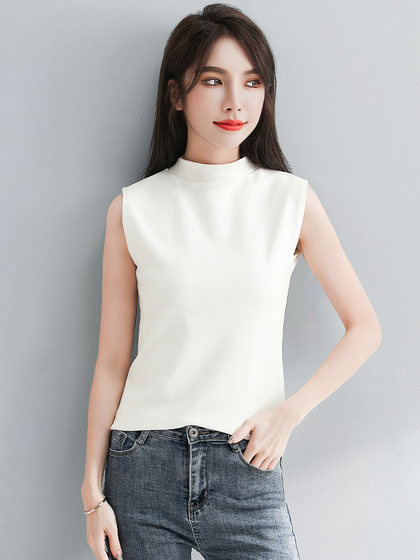 白色小半高领背心女内搭秋冬新款加厚保暖修身洋气无袖t恤打底衫