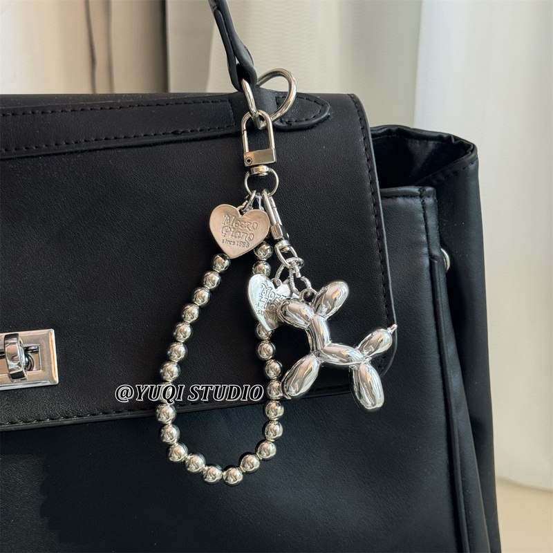 ins Versatile Shiny Silver Bag Charm Balloon Dog Beaded Fashion Personality Metal Jewelry Heart Keychain