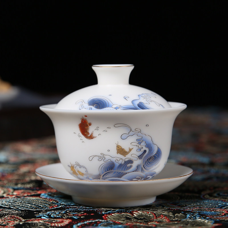 Ceramic jade Yude white porcelain three to cover a single large kung fu tea cup tea cup ceramic household