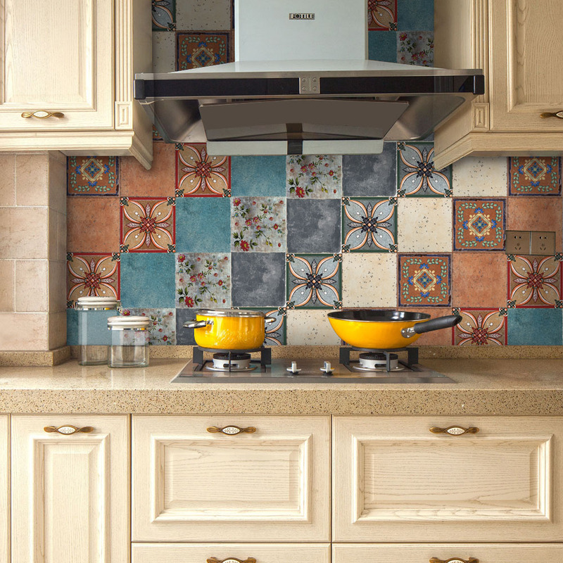 European-Style Nostalgic Retro Tile Stickers Kitchen Oil-Proof Stickers Bathroom Waterproof Living Room Self-Adhesive Wall Stickers