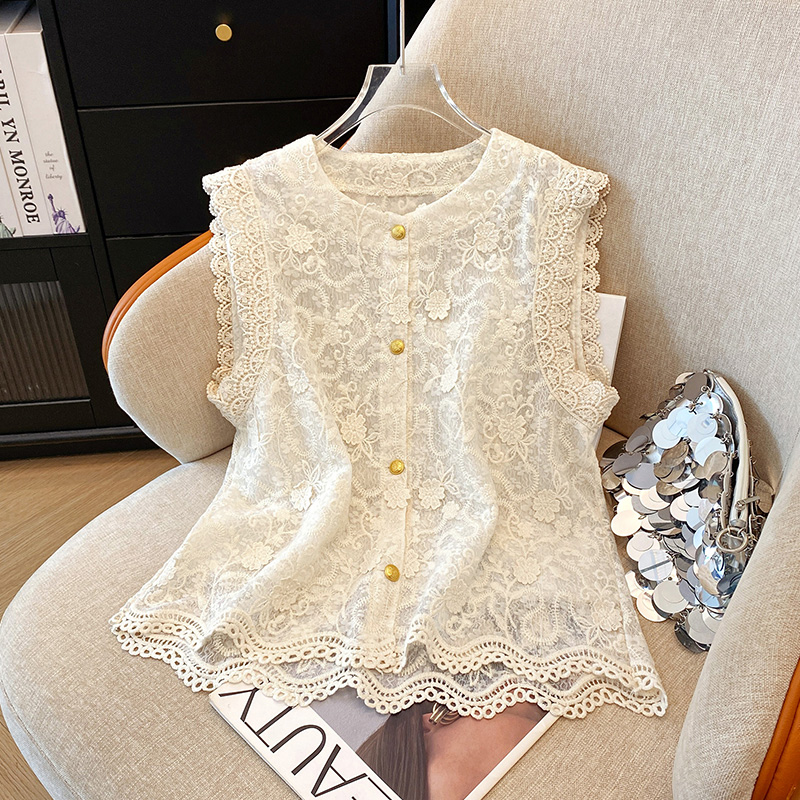 夏の女性用レースブラウス、高級ラグジュアリー、2025年新作フレンチロマンティックトップス、ノースリーブベスト、スモールシャツ