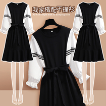 Hepburn style black dress autumn 2021 new female waist high sense French bubble sleeves small black skirt