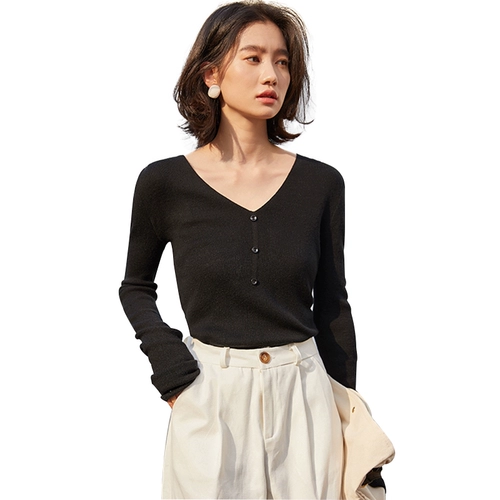 Демисезонный лонгслив, трикотажный свитер, V-образный вырез, 2020, в западном стиле, облегающий крой, в обтяжку