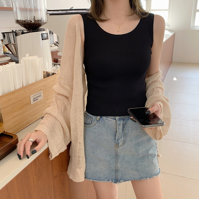 Chic black vest women wear knitted bottoming suit with sexy condole belt sleeveless T-shirt