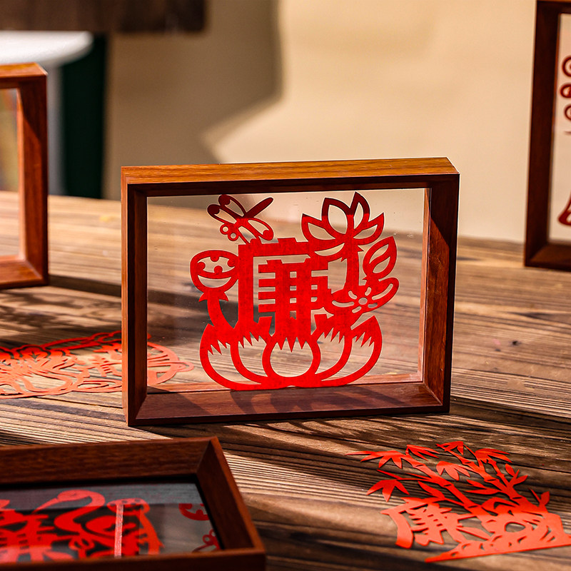 Corruption-Free Paper-Cut Artwork, Decorative Framed Painting, Chinese-Style National Characteristics, 8inch Double-Sided Transparent Display Finished Products for Table Display