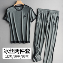 Summer Ice Silk Suit Men Sports Casual Running New short sleeves T-shirt Long pants speed dry two sets of sliding material