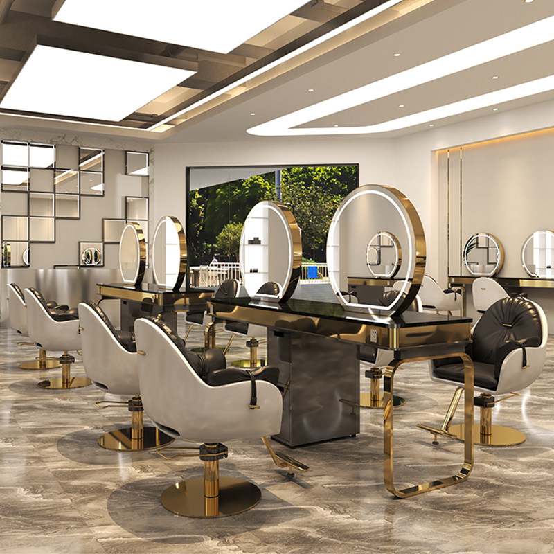 Hair salon dedicated stainless steel marble barber shop mirror table cabinet one net red hair salon tide shop hairdressing mirror