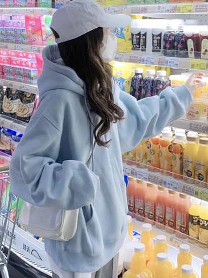 Sky blue velvet thickened hooded pure cotton sweatshirt for women, high-end, lazy and loose spring, autumn and winter mid-length top