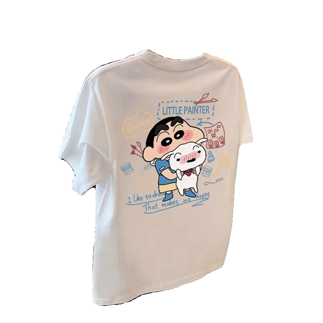 Summer white crayon Shin-shin-sleeved pure cotton T-shirt for women