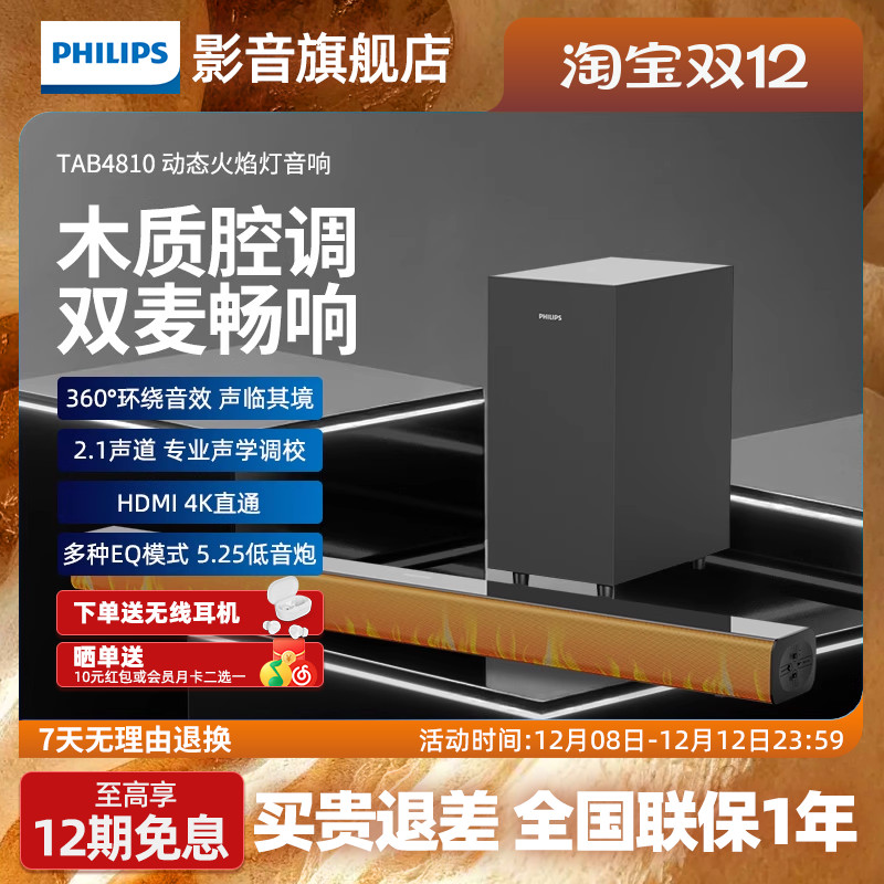 Philips TAB4810 Flame Screen Karaoke Echo Wall TV Speaker 2.1 Channel Subwoofer Set