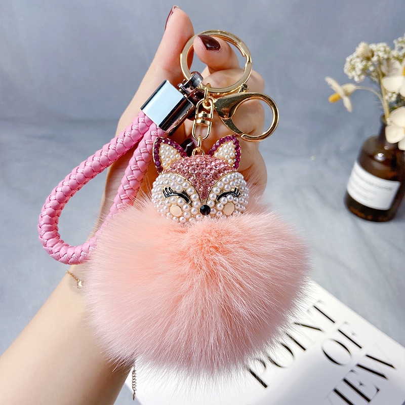Creative Diamond-Encrusted Charming Fox Keychain for Women, Car Plush Ball Gift Keychain, Fashionable Backpack Pendant