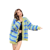 Strip design sense loose and sweater coat woman 2022 new high - fluff plush plush tops