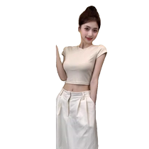 Black right shoulder short-sleeved T-shirt for women summer new design niche sexy hottie backless drawstring short top