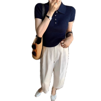Navy POLO collar ice silk knitted short-sleeved T-shirt for women in summer thin slim and versatile lapel top