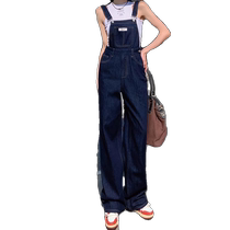 Dark Blue Denim Overalls Womens Summer 2024 New High Waisted Loose Straight Drapey Wide Leg Floor-Mopping Pants