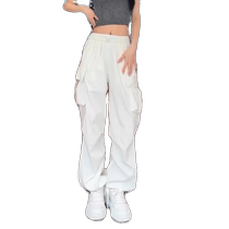 White overalls for women summer new American trendy multi-pocket casual pants loose slimming drawstring leggings