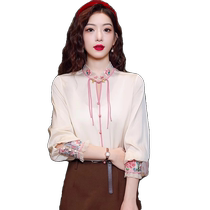 New Chinese style heavy industry embroidery stand collar silk shirt womens design Chinese style improved cheongsam and Tang suit button top