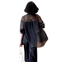 Black ice silk chiffon sun protection shirt jacket for women summer new see-through tulle suspender cardigan with sun protection clothing