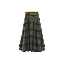 Green Plaid Woolen Skirt Womens Autumn and Winter New High-waisted Slim A-Line Skirt Retro Versatile Mid-Length Umbrella Skirt