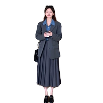 Gray skirt for women spring and autumn new style high-waisted slim a-line skirt temperament casual mid-length suit pleated skirt