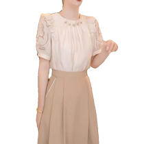 French ruffled shirt embroidered reversible shirt womens summer short-sleeved chic and beautiful shirt chiffon top