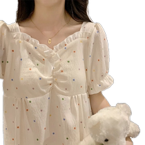 Pajamas with breast pads for women summer 2024 new polka dot print thin mid-length skirt short-sleeved pajamas home clothes
