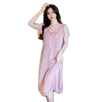 Summer womens ice silk nightgown with chest pad 2024 new lace womens sexy pajamas home clothes for women to wear outside