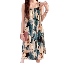 Ink painting retro ice silk suspender nightgown for women in summer with built-in chest pad thin large size 200 pounds summer pajamas