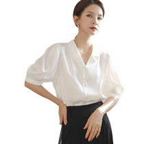 French retro elegant V-neck short-sleeved shirt for women with puff sleeves loose satin three-quarter sleeve half-sleeved shirt