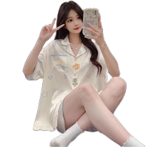 Ice Silk Pajamas for Women Summer Cartoon Cute Girls Thin Short Sleeves Cool Silk Home Clothes Set Can Be Weared Outside