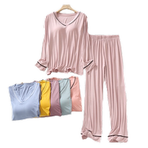 Modal pajamas with breast pads for women spring and autumn free bra anti-bump pure cotton air-conditioned room home clothes set for outer wear