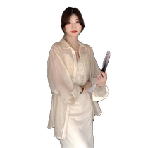 New Chinese style national style sun protection shirt for women summer thin style with suspender skirt rear slit disc button top pearlescent sun protection shirt