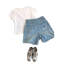 Bow embroidered denim shorts for women summer new high-waisted slimming A-line wide-leg pants for small people all-match hot pants