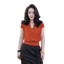 High-end cross v-neck ice silk knitted short-sleeved T-shirt for women in summer thin European high-end brand orange top