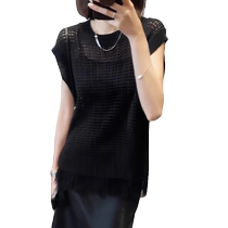 Black mid-length hollow ice silk sweater short-sleeved womens new summer blouse loose and foreign style flying sleeve top