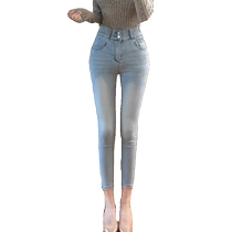 High-waisted skinny jeans with crotch padding womens spring and summer four-way elastic slim slimming light-colored pencil pants and small-legged pants