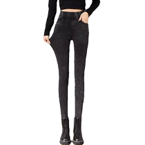 Elastic waist skinny jeans for women in autumn and winter plus velvet high waist four-way elastic slimming black pants pencil pants small leg pants