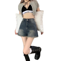 American retro raw edge denim shorts for women summer new high-waisted slimming A-line wide-leg pants for small people hot pants
