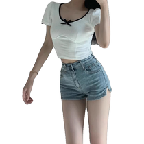 Slit tight denim shorts for women summer 2024 new hot girl American style outer wear high waist slimming A-line pants hot pants