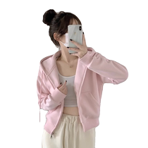 American pink short sports hooded sweatshirt jacket for women spring and autumn new loose casual versatile zipper cardigan