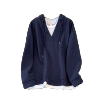 Fake two-piece v-neck hooded sweatshirt for women 2024 spring and autumn new casual versatile loose top that covers the belly and looks slimming