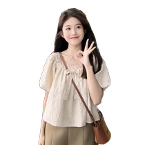 French square neck babydoll shirt for women in summer 2024 new loose slimming belly-covering bow puff sleeve top