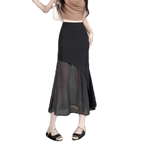 Fashionable splicing mesh hip-covering skirt for women summer new high-waisted slim-fit irregular fishtail hip-covering long skirt