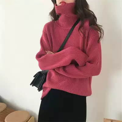 Pink turtleneck sweater women's autumn and winter pit strip retro simple lazy loose pullover bottoming sweater Western style top