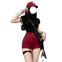 American High Street Hot Girl Red Denim Shorts Womens Summer 2024 New High Waist Elastic Slimming Tight Hot Pants