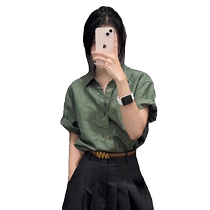 Temperament lapel short-sleeved cotton and linen shirt for women summer thin high-end linen shirt commuting versatile green top