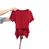 Sexy lace-up waist-revealing short-sleeved T-shirt for women in summer new style slimming irregular red whitening right shoulder pure lust top