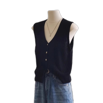 Black ice silk knitted vest for women Korean style ins style V-neck loose hollow waistcoat stacked vest
