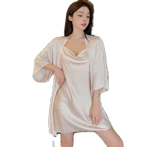 Ice Silk Nightgown Womens Summer 2024 New Sexy Suspender Pure Lust Wind Summer Cool Feeling Pajamas Nightgown Two-piece Set